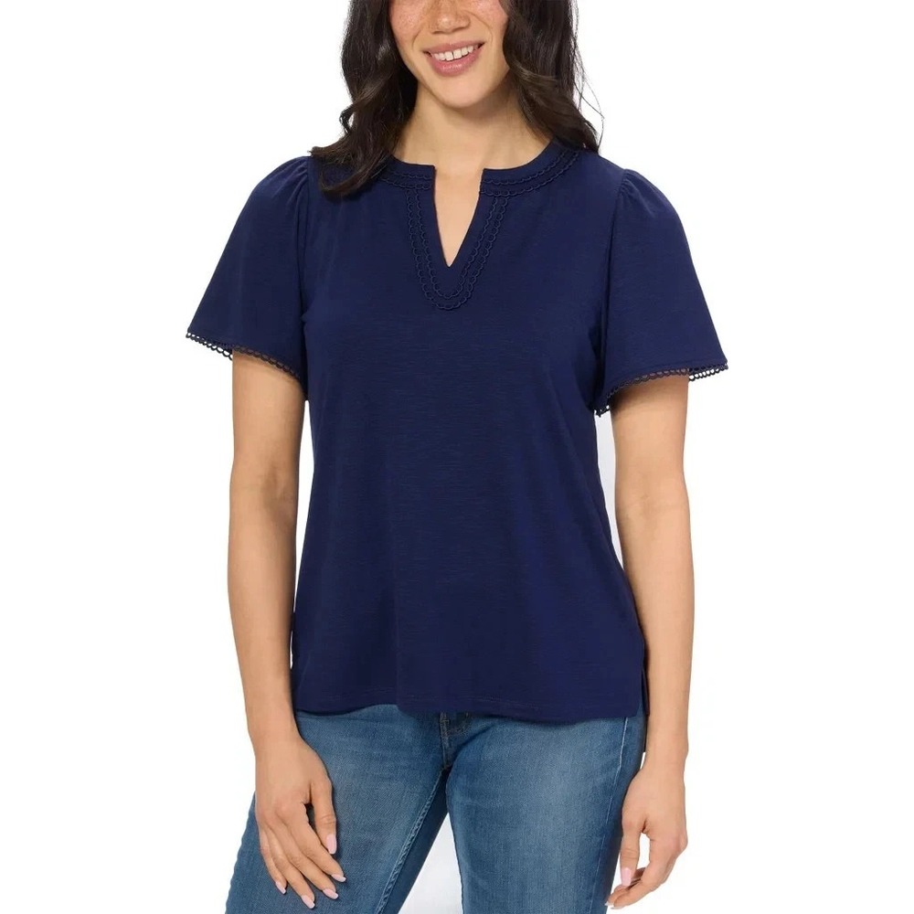 Jones New York Women Split Neck Top Navy Blue Short Sleeve Blouse L NEW